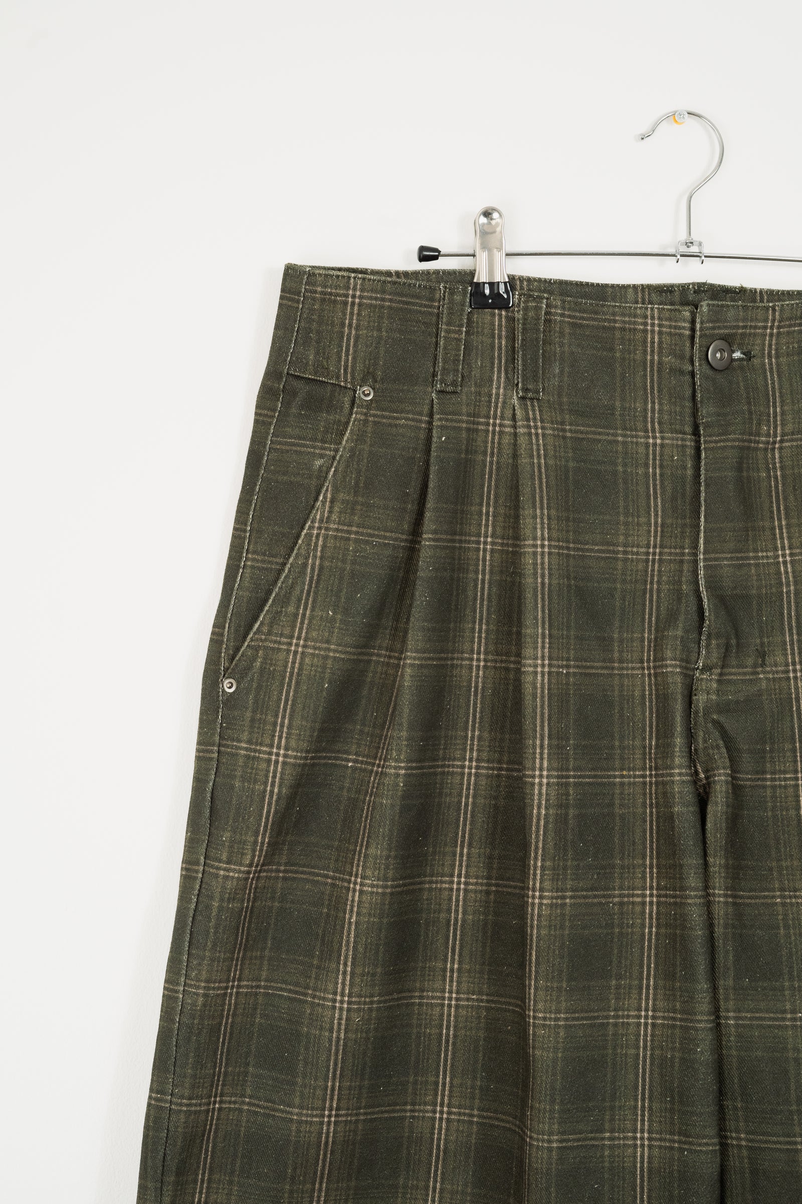 PLEATED PLAID DENIM SHORTS - GREEN
