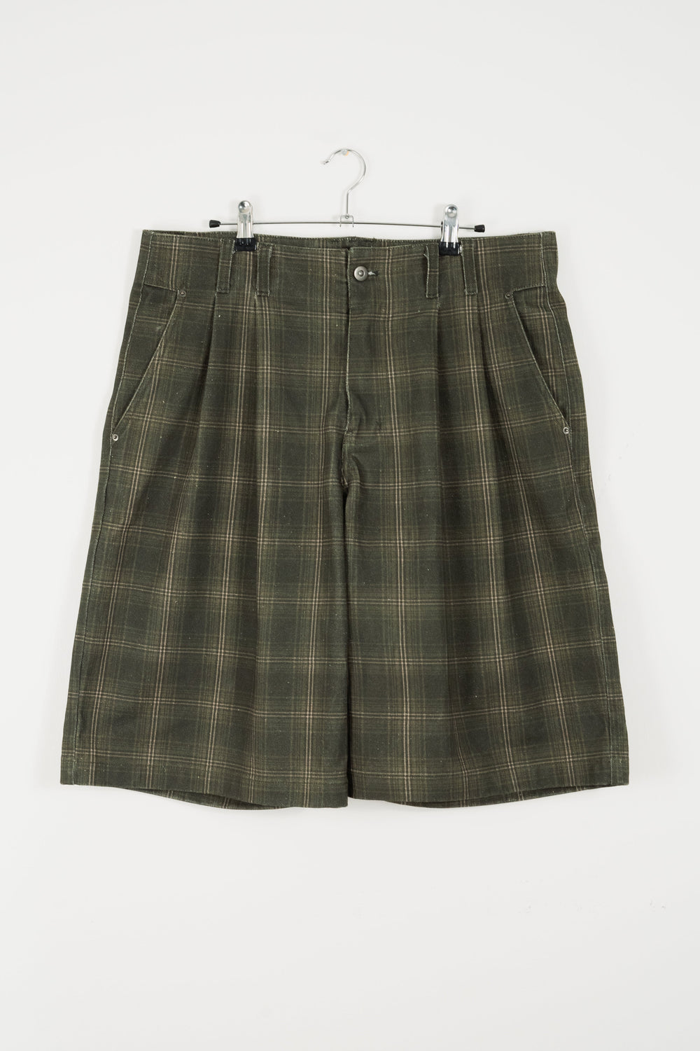 PLEATED PLAID DENIM SHORTS - GREEN