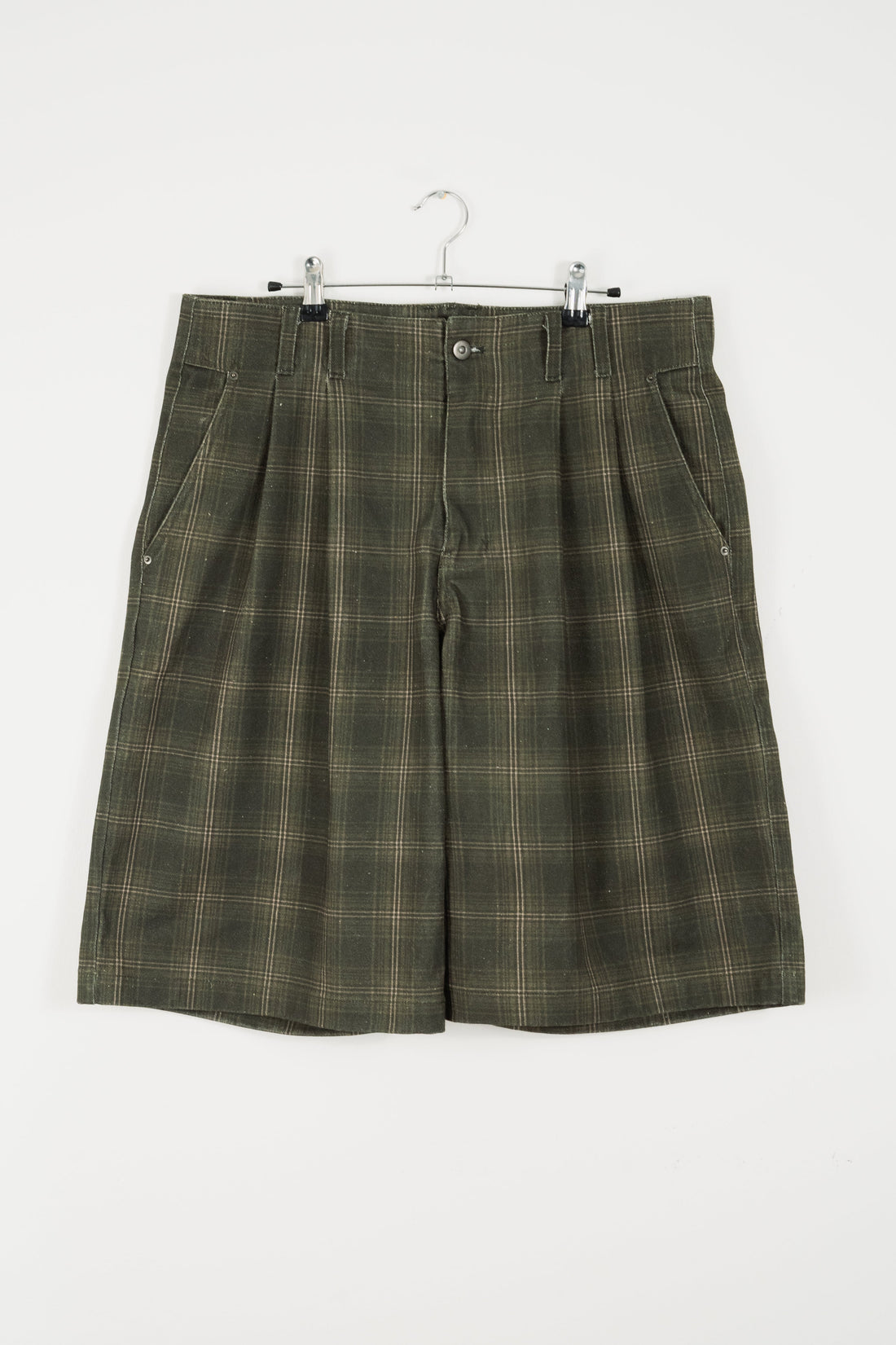 PLEATED PLAID DENIM SHORTS - GREEN