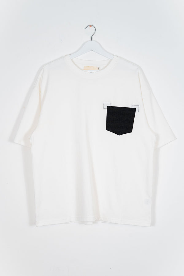 HERRINGBONE DENIM POCKET T-SHIRT - WHITE