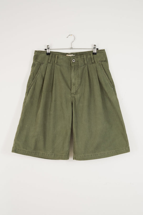 HERRINGBONE PLEATED SHORTS - MOSS