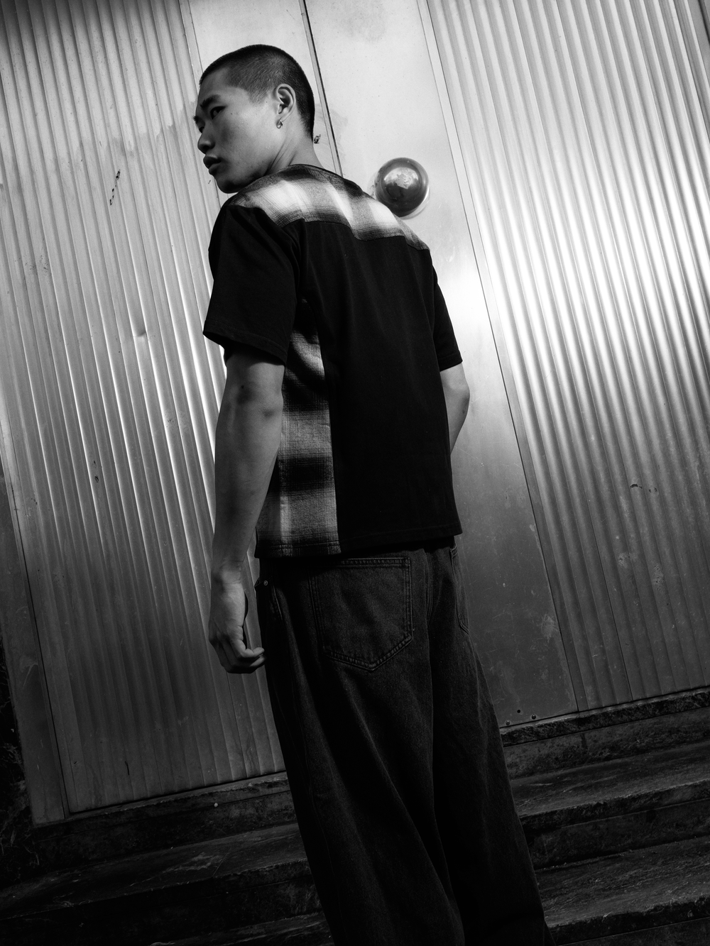 SHADOW PLAID PANELLED T-SHIRT - WHITE