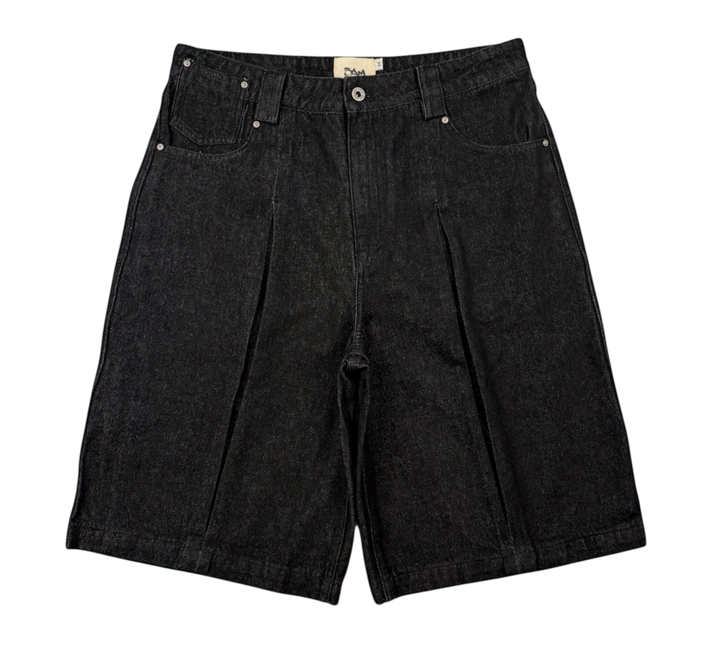 BOX PLEATED DENIM SHORTS RAW BLACK