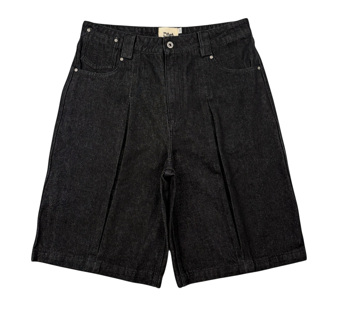 BOX PLEATED DENIM SHORTS RAW BLACK